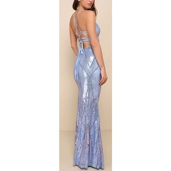 Lulus Flawless Glow Periwinkle Iridescent Sequin Lace-Up Maxi Dress Sz. S - Picture 4 of 9